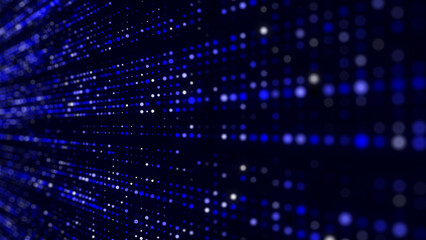 Abstract structure of blue dots with light on a black background. Science backdrop with moving particles. Digital transfer of big data. 3d rendering.