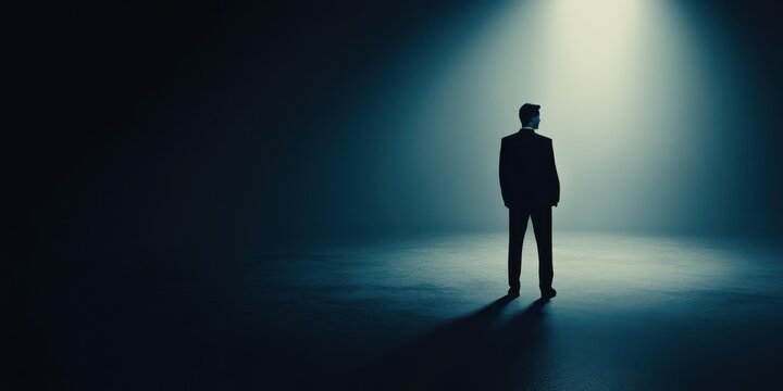 A solitary figure stands in a dark space, illuminated by a single beam of light, evoking a sense of mystery and contemplation.
