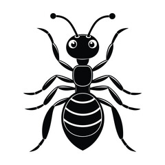 Black and white illustration, cartoon ant character, stylized insect design, simple geometric shapes, bold outlines, large expressive eyes, antenna, segmented body, 