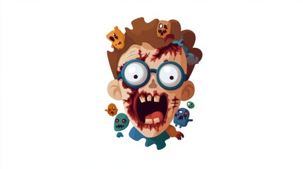 Fototapeta premium A cartoonish zombie boy with wild hair, big glasses, and a terrified expression surrounded by spooky creatures.