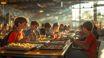this Children enjoying their lunch break in a lively school cafeteria, capturing a moment of camaraderie and activity.