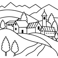 rural village landscape outline coloring book page line art drawing