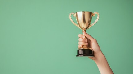 A hand holding up a gold trophy cup against a green background.