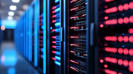 High Tech Data Center Hallway with Glowing Racks and Illuminated Panels