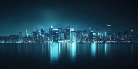 Fototapeta premium A stunning night cityscape with glowing skyscrapers reflected in calm water under a moody blue sky, perfect for urban themes.