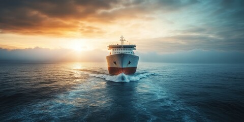 Fototapeta premium A stunning view of a ship sailing through calm waters at sunset, showcasing the beauty of maritime travel and serene oceans.