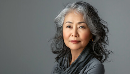 Natural beauty portrait of serene and elegant mature asian woman with grey hair. Female slightly smiling. Light background studio shot. Natural female beauty and fascinating aging concept.