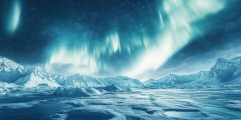 Fototapeta premium A stunning view of the northern lights illuminating a serene icy landscape under a starry night sky.