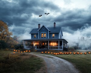 Haunted farmhouse glowing orange for Halloween jack-o-lanterns lining the porch