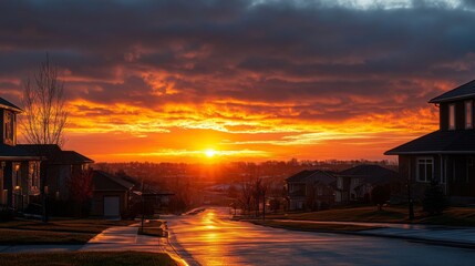 Golden Sunset Over Suburban Street with Houses