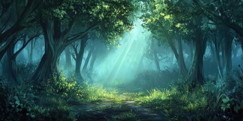 Obraz premium A tranquil forest scene with sunlight filtering through lush trees, creating a magical and serene atmosphere.