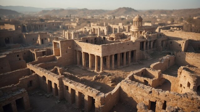 Aerial View of a Ruined Ancient City with a Large Building.