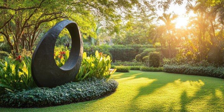 A tranquil garden scene featuring a modern sculpture amidst lush greenery and soft morning light, perfect for nature lovers.
