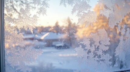 Frost-Covered Window with a View of a Snowy Winter Landscape at Sunrise