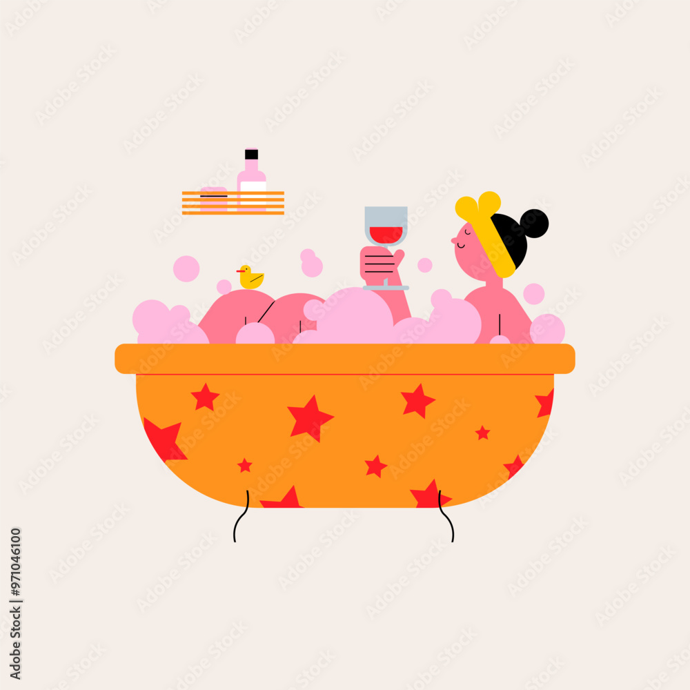 Wall mural Happy woman taking a bath. Trendy vector illustration.