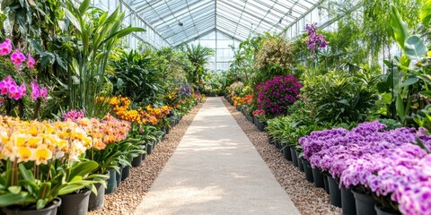 Plakat A vibrant greenhouse filled with colorful orchids and lush greenery, showcasing a serene garden path.