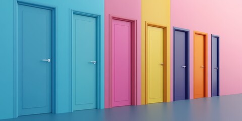 A vibrant row of colorful doors against a pastel wall, symbolizing choices and opportunities in a...