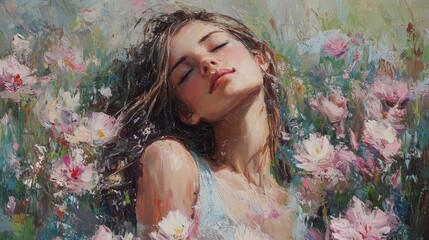 Romantic oil painting of a girl amidst spring flowers