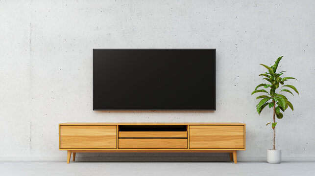 Modern teak TV unit with concealed storage, featuring sleek design and minimalist aesthetic. unit complements contemporary space, enhancing overall ambiance