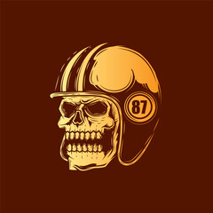 Zombie skull wearing a motorcycle helmet. Original vector illustration in vintage style isolated on black background. T-shirt design.