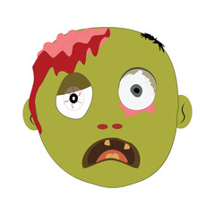 Zombie face Expressions illustration, cartoon zombie faces with different emotions, happy, confused, neutral, and scared, featuring green skin, messy hair, and bloodshot eyes.
