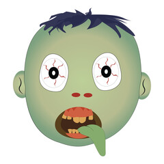 Zombie face Expressions illustration, cartoon zombie faces with different emotions, happy, confused, neutral, and scared, featuring green skin, messy hair, and bloodshot eyes.