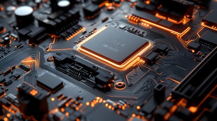 Fototapeta premium Close-up exploded view of a modern gaming console, showcasing the copper board, CPU, GPU, and intricate wiring with vivid details of each part