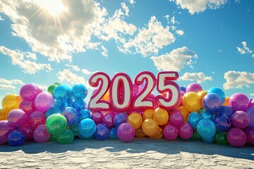 Colorful balloons with 2025 text against cloudy sky, representing future, celebration, and optimism