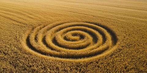 Naklejka premium Aerial view of a spiral pattern in a golden wheat field, showcasing agricultural art and natural beauty.
