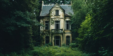 Obraz premium An eerie abandoned house surrounded by dense overgrowth, showcasing nature reclaiming the structure in a hauntingly beautiful scene.