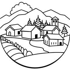 rural village scene outline coloring book page line art drawing