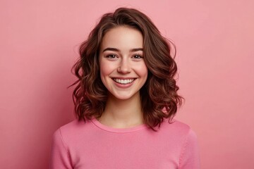 Fototapeta premium A cheerful young woman with wavy brunette hair and a beaming smile, dressed in a pink top, set against a complementary pink background. with generative ai