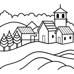 Fototapeta premium rural village scene outline coloring book page line art drawing