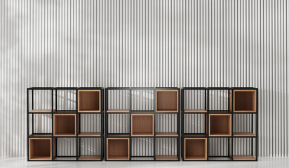 Shelves, square wooden shelves in a simple room, modern style, 3D rendering