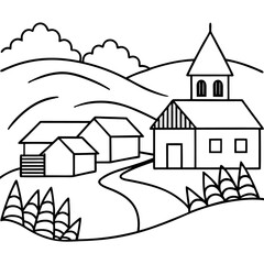 rural village scene outline coloring book page line art drawing