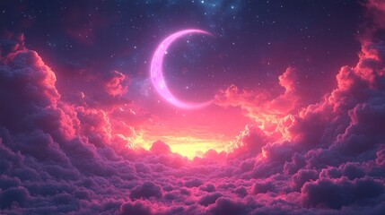 Pink Crescent Moon Above Clouds