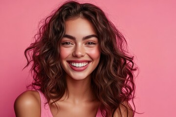 Naklejka premium A cheerful young woman with wavy brunette hair and a beaming smile, dressed in a pink top, set against a complementary pink background. with generative ai