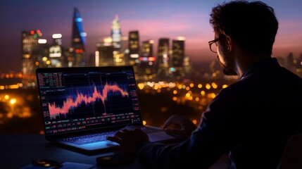 Businessman Trading Stocks on Laptop with Cityscape Background