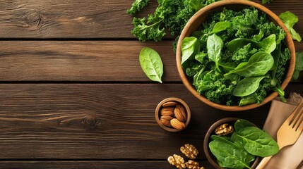 Healthy Green Salad with Almonds and Walnuts on Rustic Wooden Background