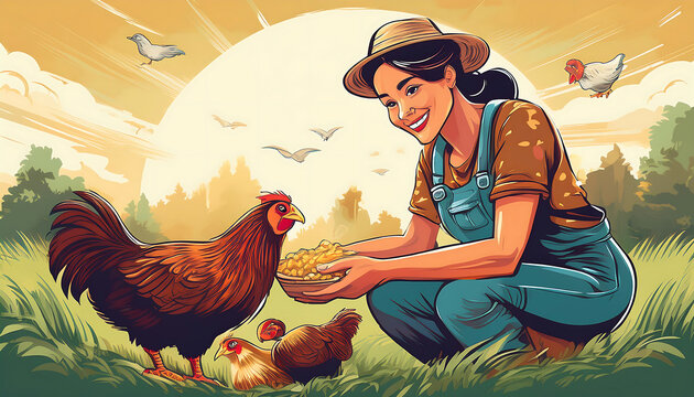  Farmer feeding chickens with a cheerful design – A lively illustration of a farmer happily _1(118)