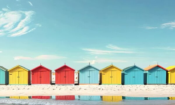 Row of colorful beach huts, hyperrealistic Video