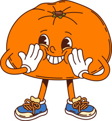 Cartoon groovy tangerine fruit character with a big, cheeky smile. Isolated vector ripe and cheerful tropical orange or mandarin citrus fruit personage, wearing retro sneakers, exudes retro funky vibe