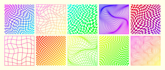 Groovy checkered pattern, neon distorted tiled grid. Vintage wavy curved backdrop, distortion effect. Funky geometric chessboard texture, retro background in 90s style, y2k. Vector illustration