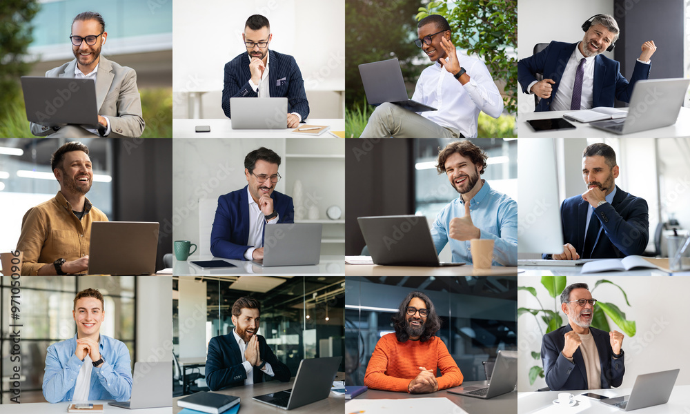 Poster a diverse group of professionals participates in online meetings, showcasing a range of expressions 