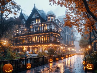 Naklejka premium Haunted hotel decorated for Halloween glowing orange lights flickering in the windows