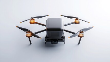 Black Drone with Orange Propellers on White Background