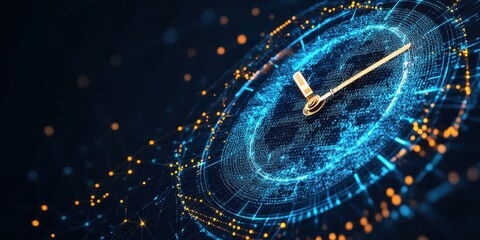 Futuristic clock design featuring a glowing blue interface and golden hands, symbolizing time and technology in a digital world.