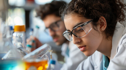 Students conducting a chemistry experiment using various beakers and test tubes in a classroom laboratory setting
