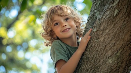 A child climbing a tree in a park, their determination and sense of adventure evident in their expression.