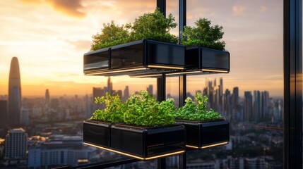 Fototapeta premium Modern Rooftop Garden with City Skyline View